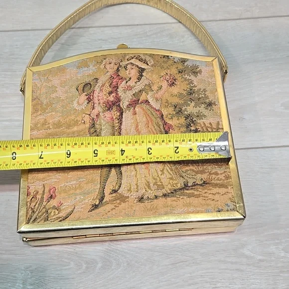 Vintag1960s TYROLEAN Bag Tapestry Cloth Embroidered Puffed Puffy Victorian Purse - Picture 4 of 13